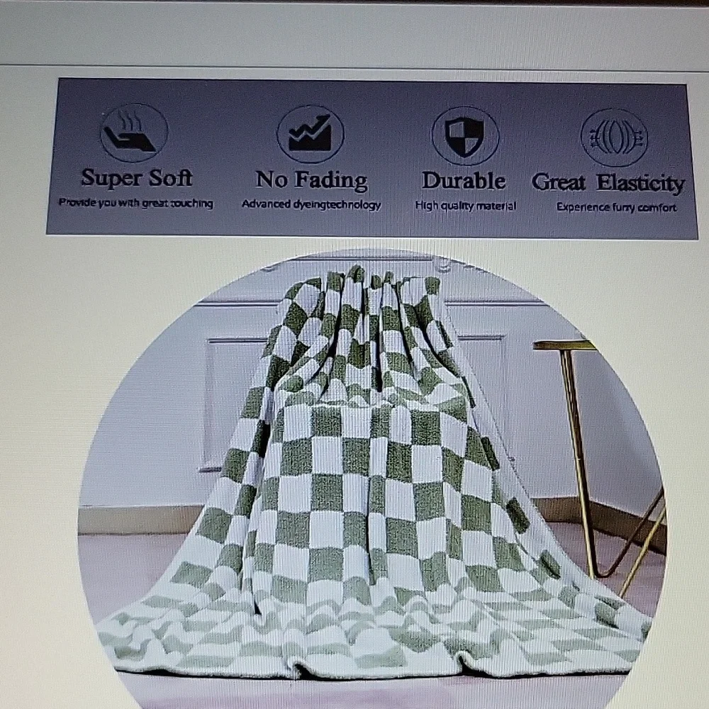 GCQC sage green white check throw blanket knitted checkerboard fluffy fur New…
